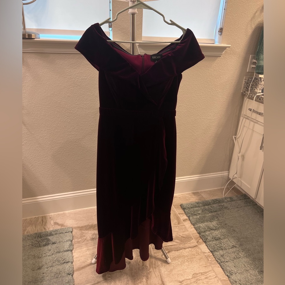 Xscape Burgundy Velvet Off-Shoulder Dress